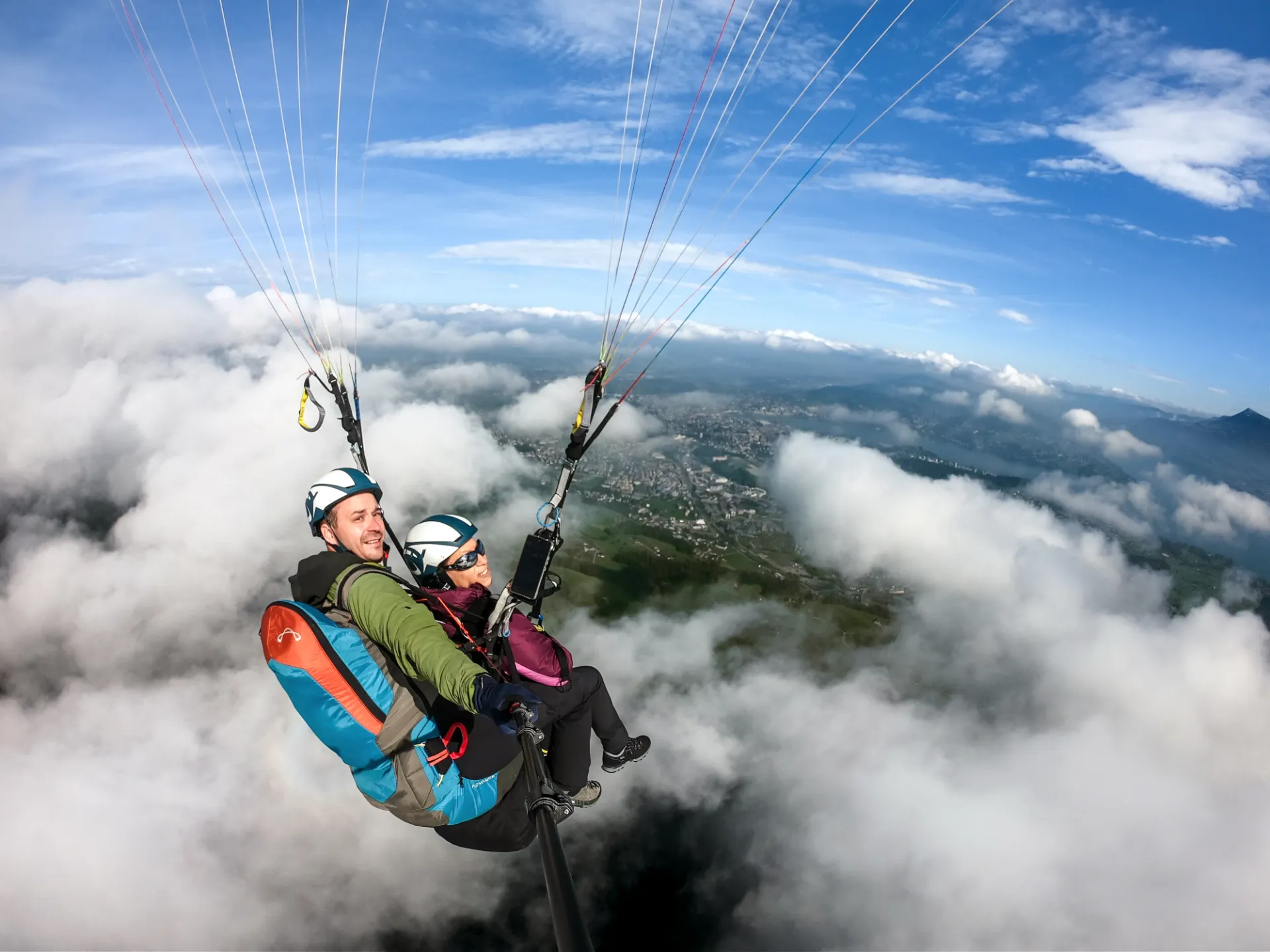 Paragliding over Central Switzerland with panoramic Lake Lucerne scenery